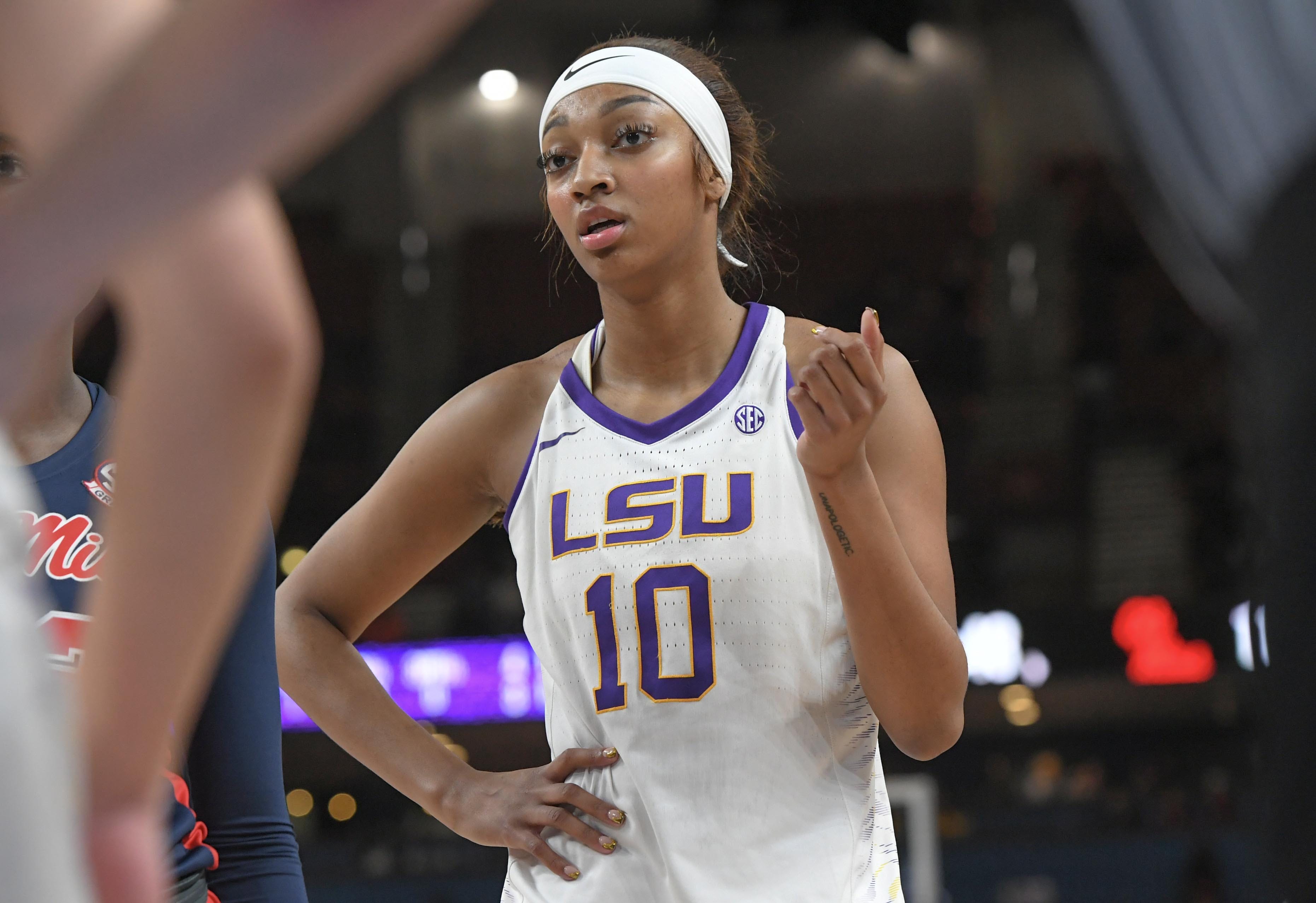 Louisiana State University forward Angel Reese (10) waits for a play to start again during the first quarter of the SEC Women's Basketball Tournament game at the Bon Secours Wellness Arena in Greenville, S.C. Saturday, March 9, 2024.