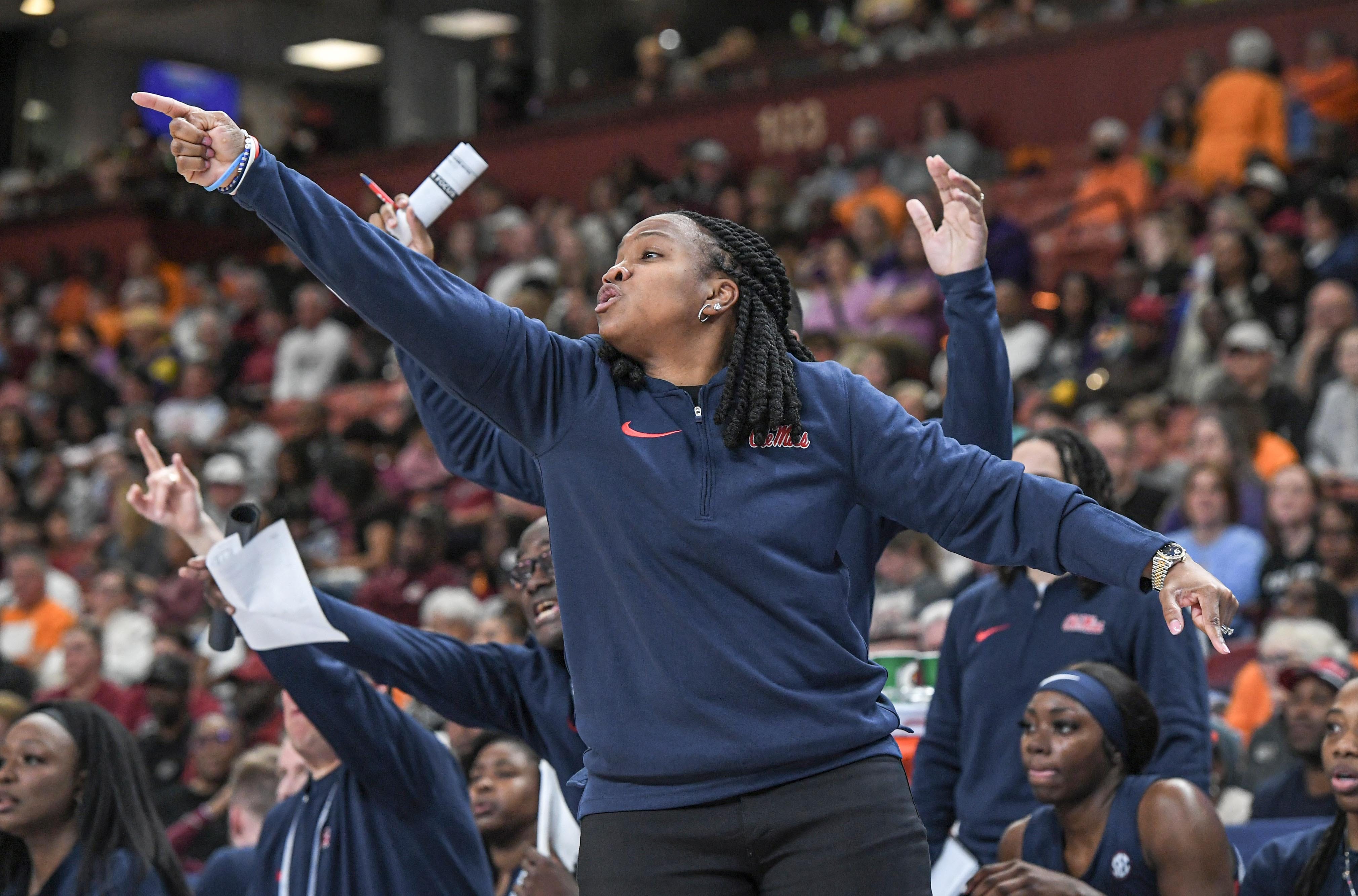 Ole Miss Head Coach Yolett McPhee-McCuin during the first quarter of the SEC Women's Basketball Tournament game at the Bon Secours Wellness Arena in Greenville, S.C. Saturday, March 9, 2024.