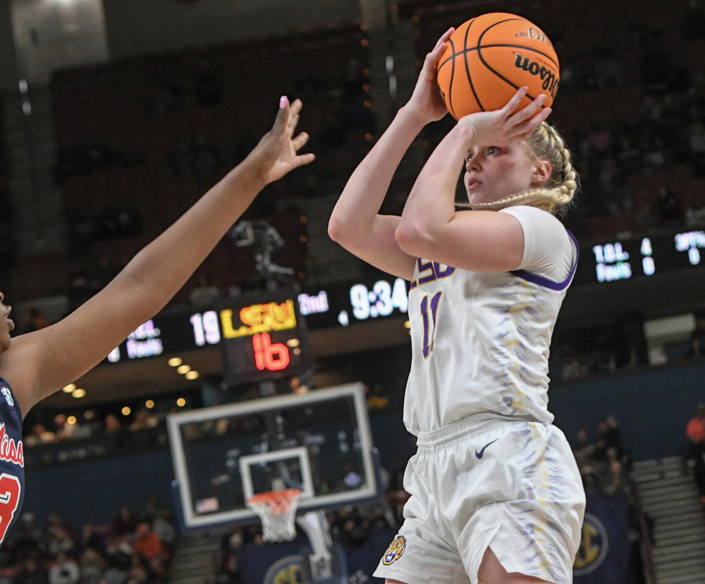 Louisiana State University guard Hailey Van Lith (11) shoots the ball during the second quarter of the SEC Women's Basketball Tournament game at the Bon Secours Wellness Arena in Greenville, S.C. Saturday, March 9, 2024.