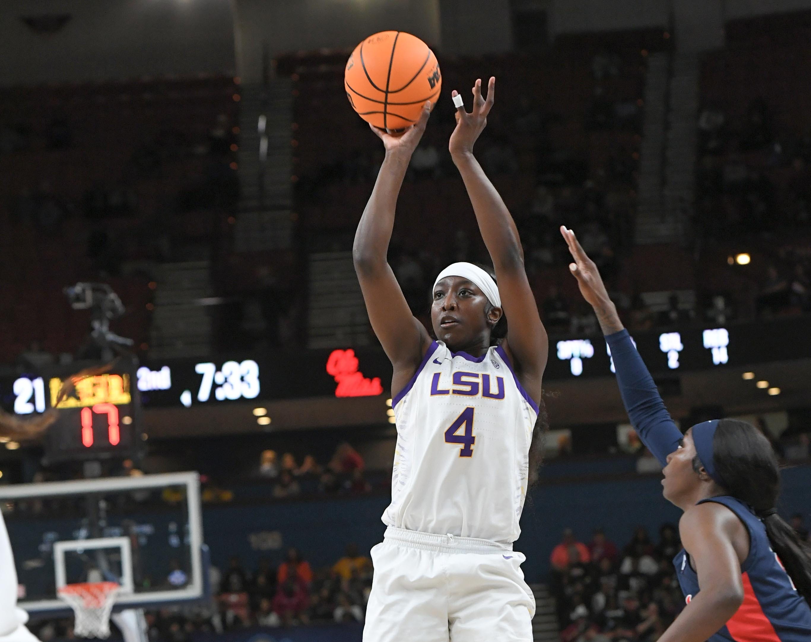Louisiana State University guard Flau'jae Johnson (4) shoots the ball against Ole Miss during the second quarter of the SEC Women's Basketball Tournament game at the Bon Secours Wellness Arena in Greenville, S.C. Saturday, March 9, 2024.
