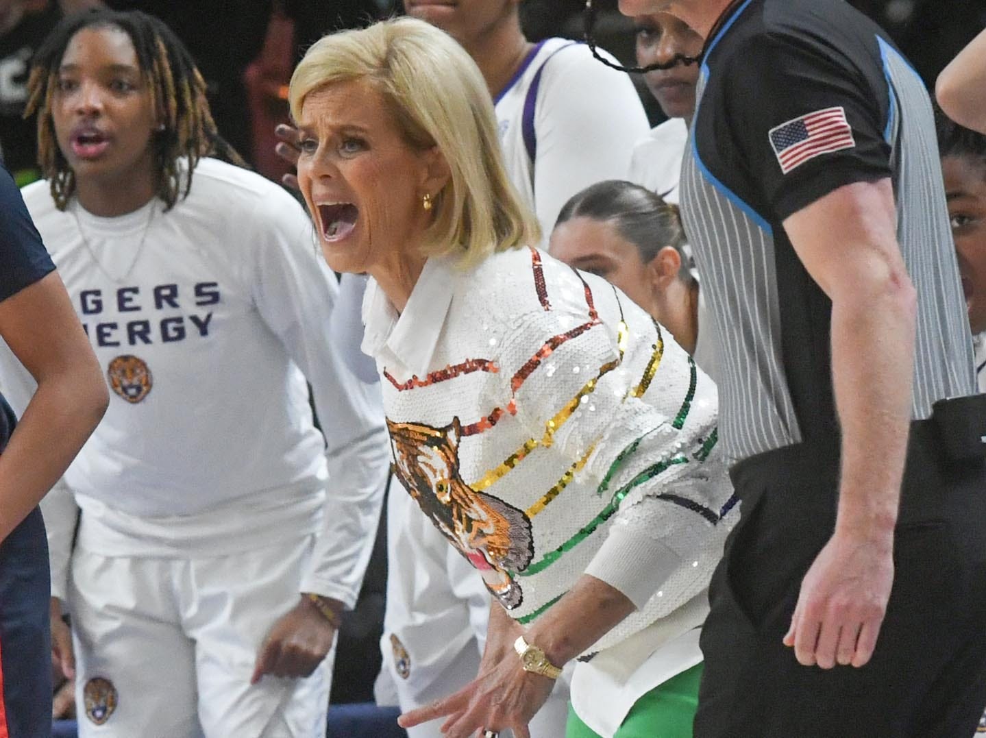 Louisiana State University Coach Kim Mulkey during the second quarter of the SEC Women's Basketball Tournament game at the Bon Secours Wellness Arena in Greenville, S.C. Saturday, March 9, 2024.