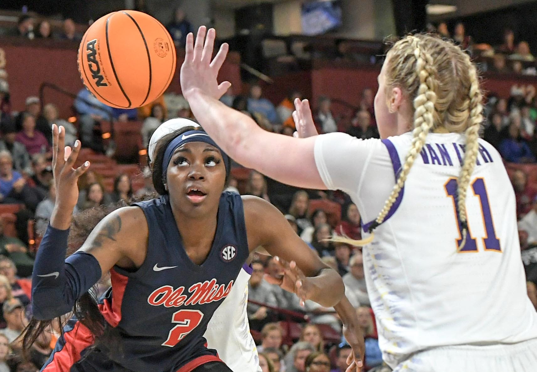 Ole Miss guard Marquesha Davis (2) loses a ball near Louisiana State University guard Hailey Van Lith (11) during the fourth quarter of the SEC Women's Basketball Tournament game at the Bon Secours Wellness Arena in Greenville, S.C. Saturday, March 9, 2024.