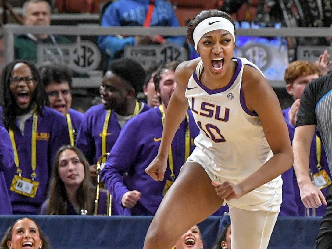 Louisiana State University forward Angel Reese (10) reacts after scoring against Ole Miss during the fourth quarter of the SEC Women's Basketball Tournament game at the Bon Secours Wellness Arena in Greenville, S.C. Saturday, March 9, 2024.
