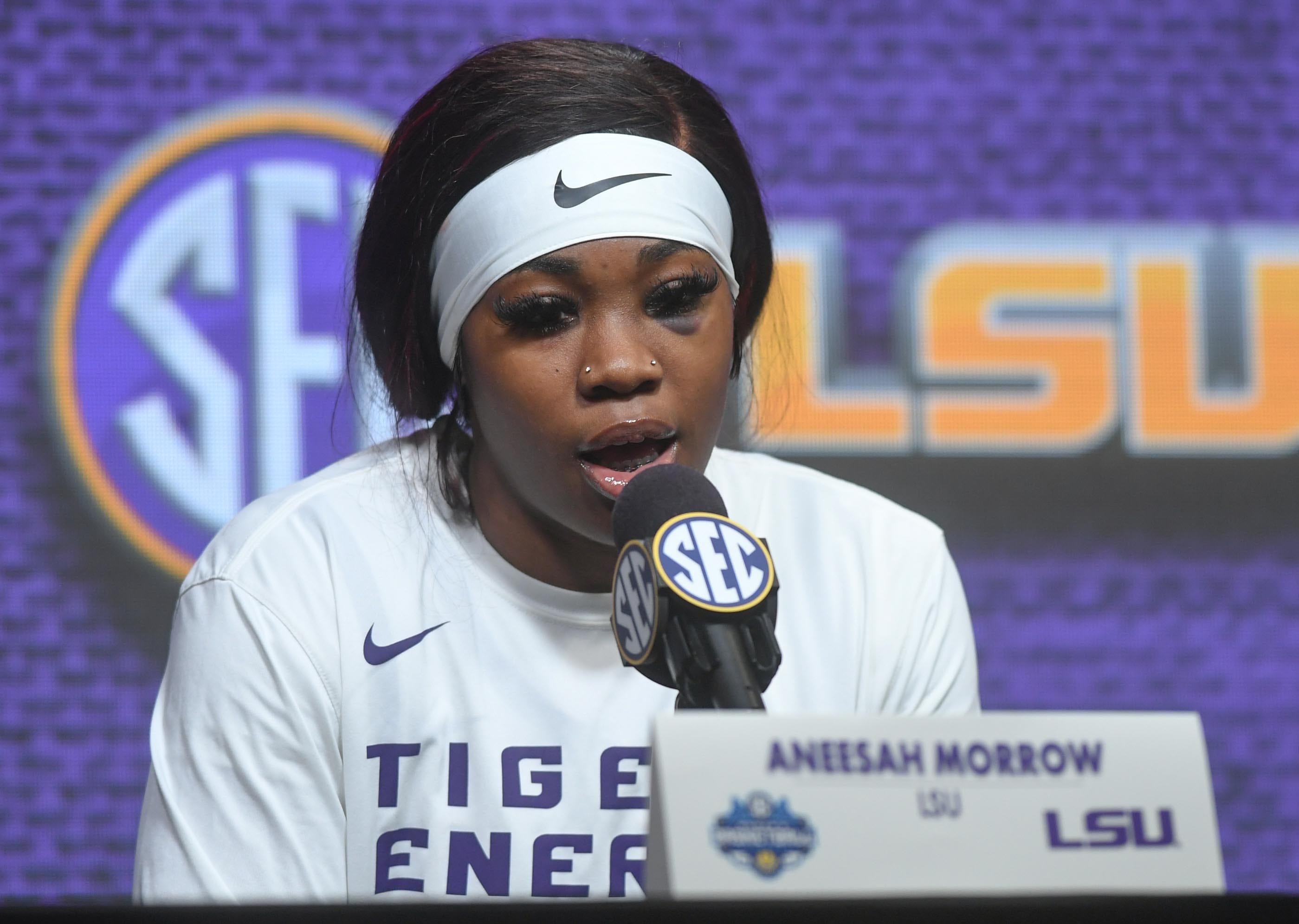 Louisiana State University guard Aneesah Morrow (24) talks to media after LSU beat Ole Miss 75-67 at the SEC Women's Basketball Tournament game at the Bon Secours Wellness Arena in Greenville, S.C. Saturday, March 9, 2024.