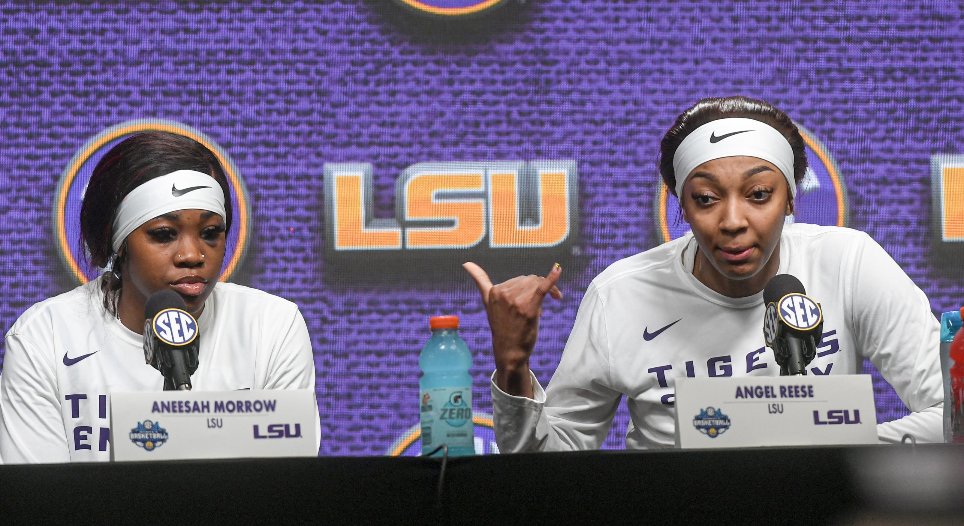 Louisiana State University forward Angel Reese, right, talks to media near teammate guard Aneesah Morrow, left, after LSU beat Ole Miss 75-67 at the SEC Women's Basketball Tournament game at the Bon Secours Wellness Arena in Greenville, S.C. Saturday, March 9, 2024.