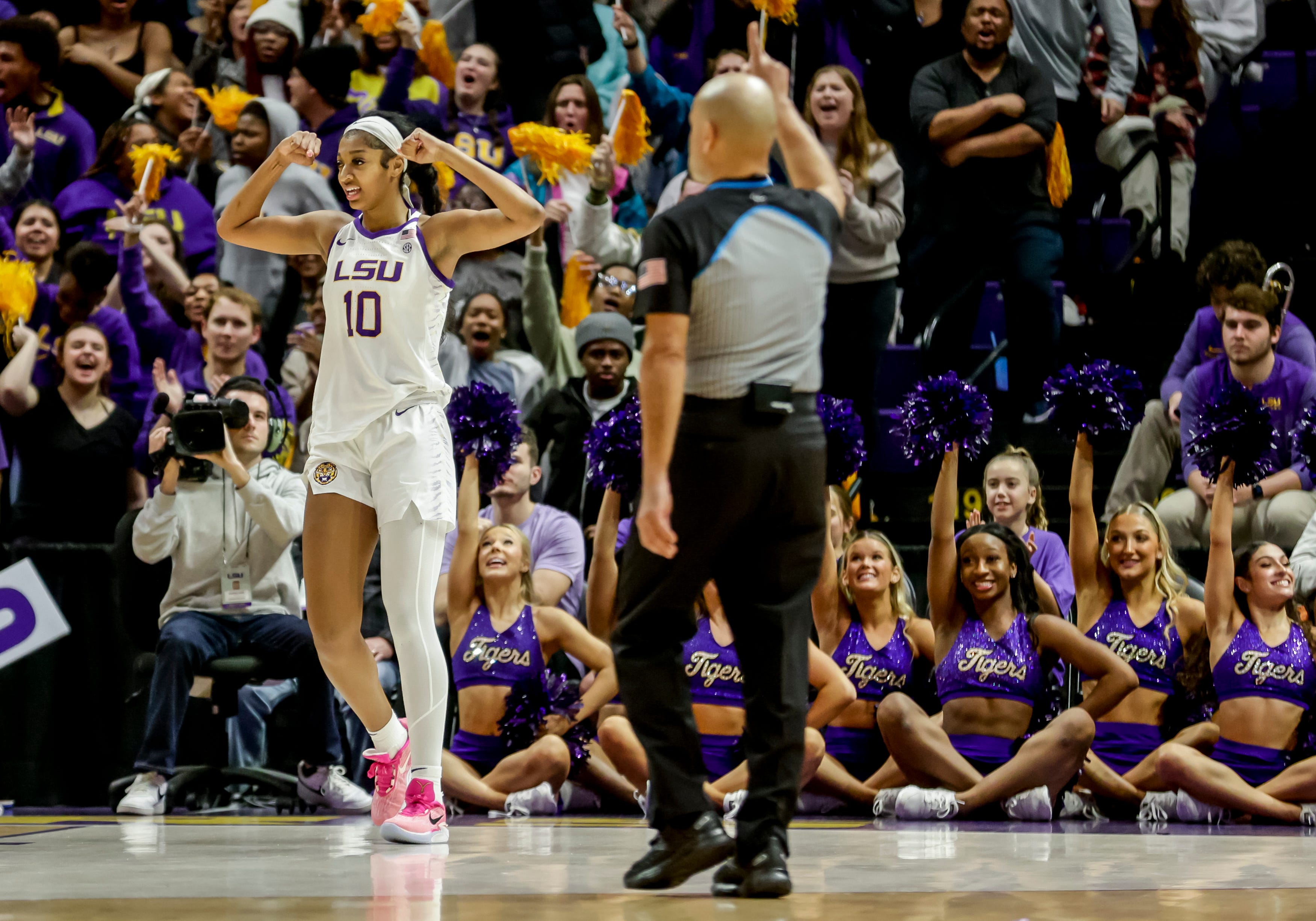LSU forward Angel Reese (10) reacts after scoring against the Georgia in the first half of an NCAA college basketball game in Baton Rouge, La., Thursday, Feb. 2, 2023. (AP Photo/Derick Hingle)