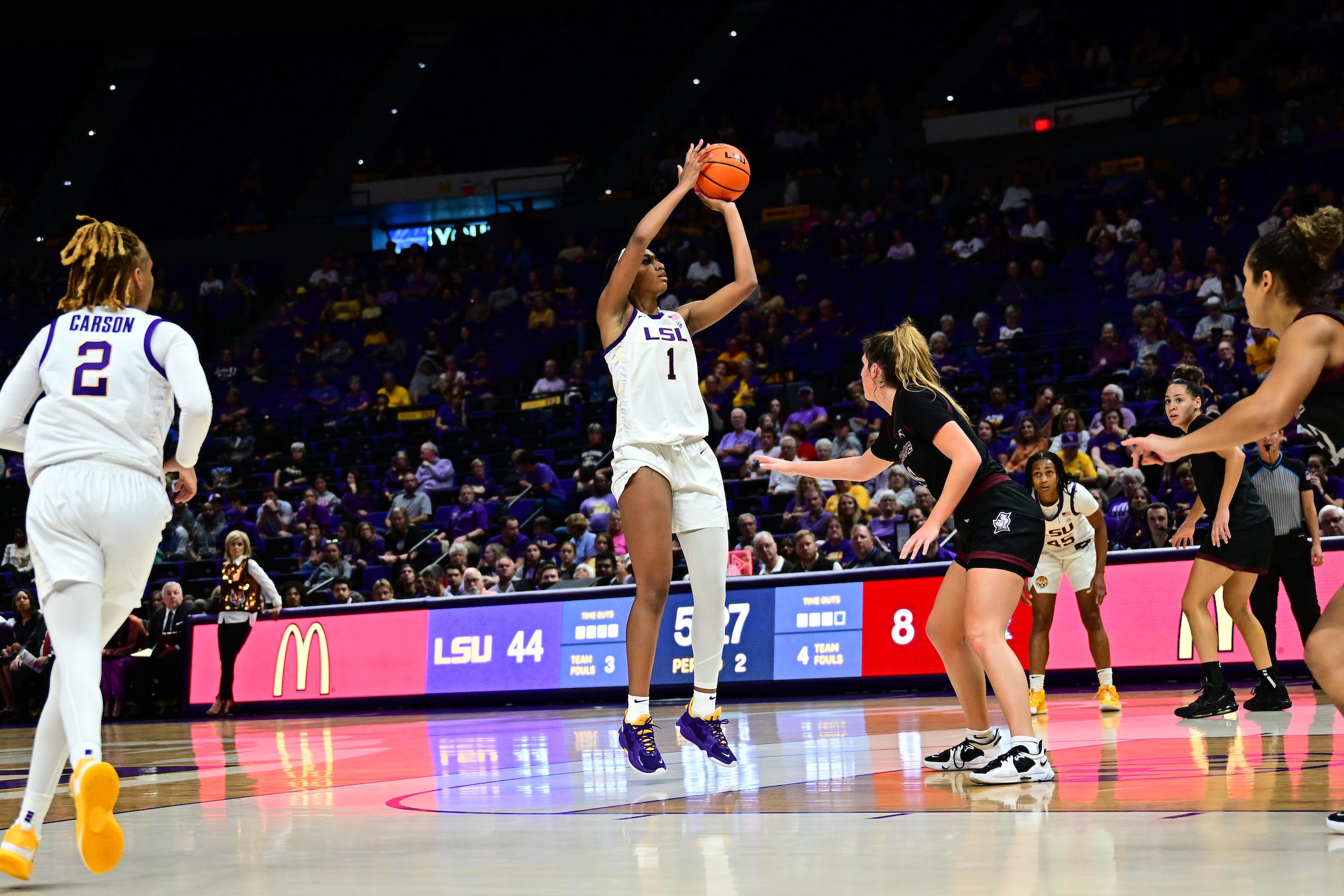 Sophomore forward Angel Reese (1) puts up a jumpshot against Bellarmine in LSU's season opener inside the Pete Maravich Assembly Center Monday, Nov. 7, 2022.