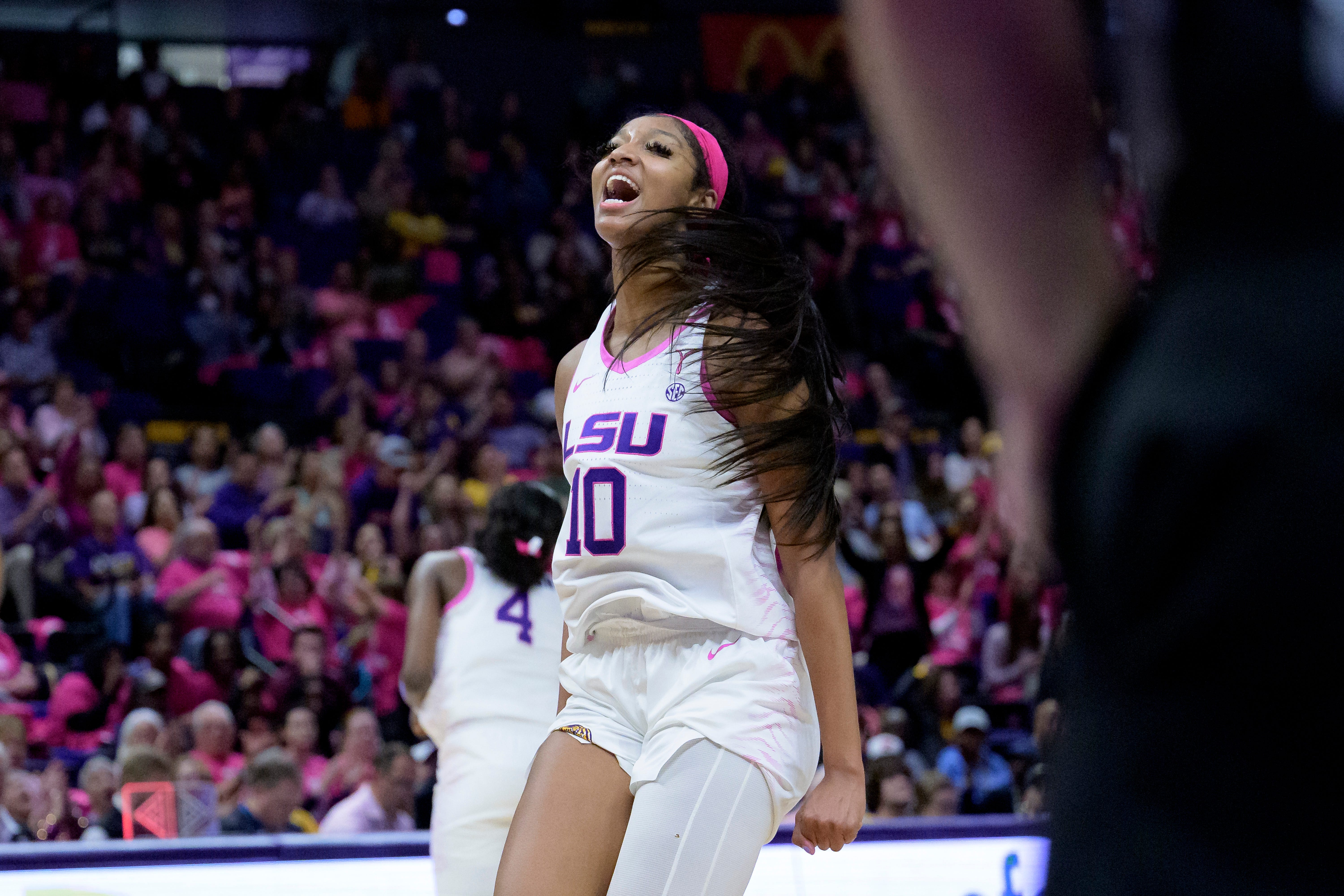 LSU forward Angel Reese (10) reacts in the second half of an NCAA college basketball game against Mississippi, Thursday, Feb. 16, 2023, in Baton Rouge, La. (AP Photo/Matthew Hinton)