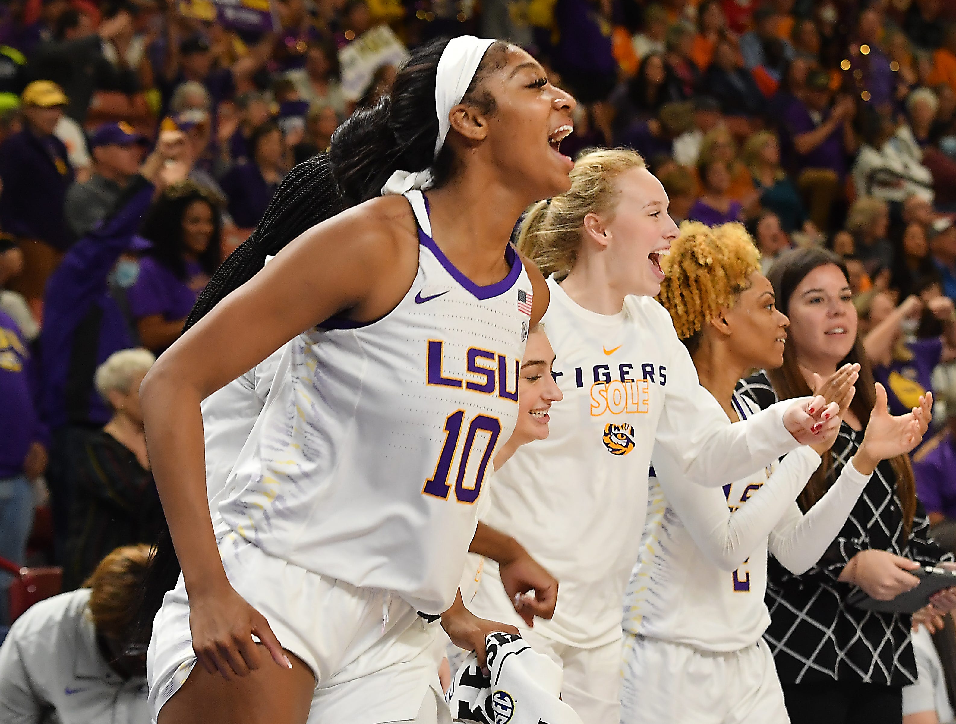 Georgia took on LSU in the SEC Women's Basketball Tournament  quarterfinals at the Bon Secours Wellness Arena in Greenville, S.C. Friday, March 3, 2023.  Louisiana State University forward Angel Reese (10) cheers for her team.