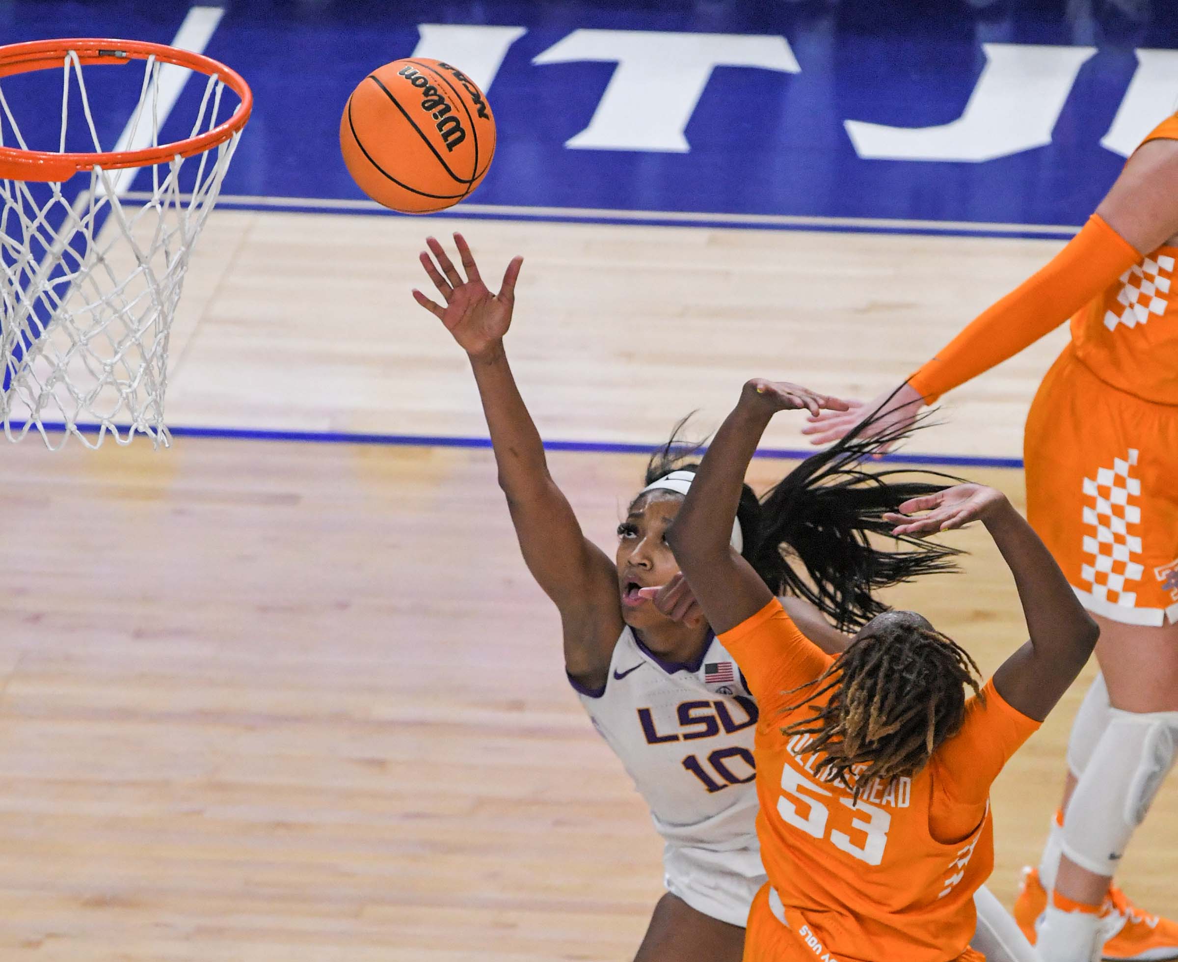Louisiana State University forward Angel Reese (10) misses a shot late in the game with Tennessee during the fourth quarter of the SEC Women's Basketball Tournament at Bon Secours Wellness Arena in Greenville, S.C. Saturday, March 4, 2023.