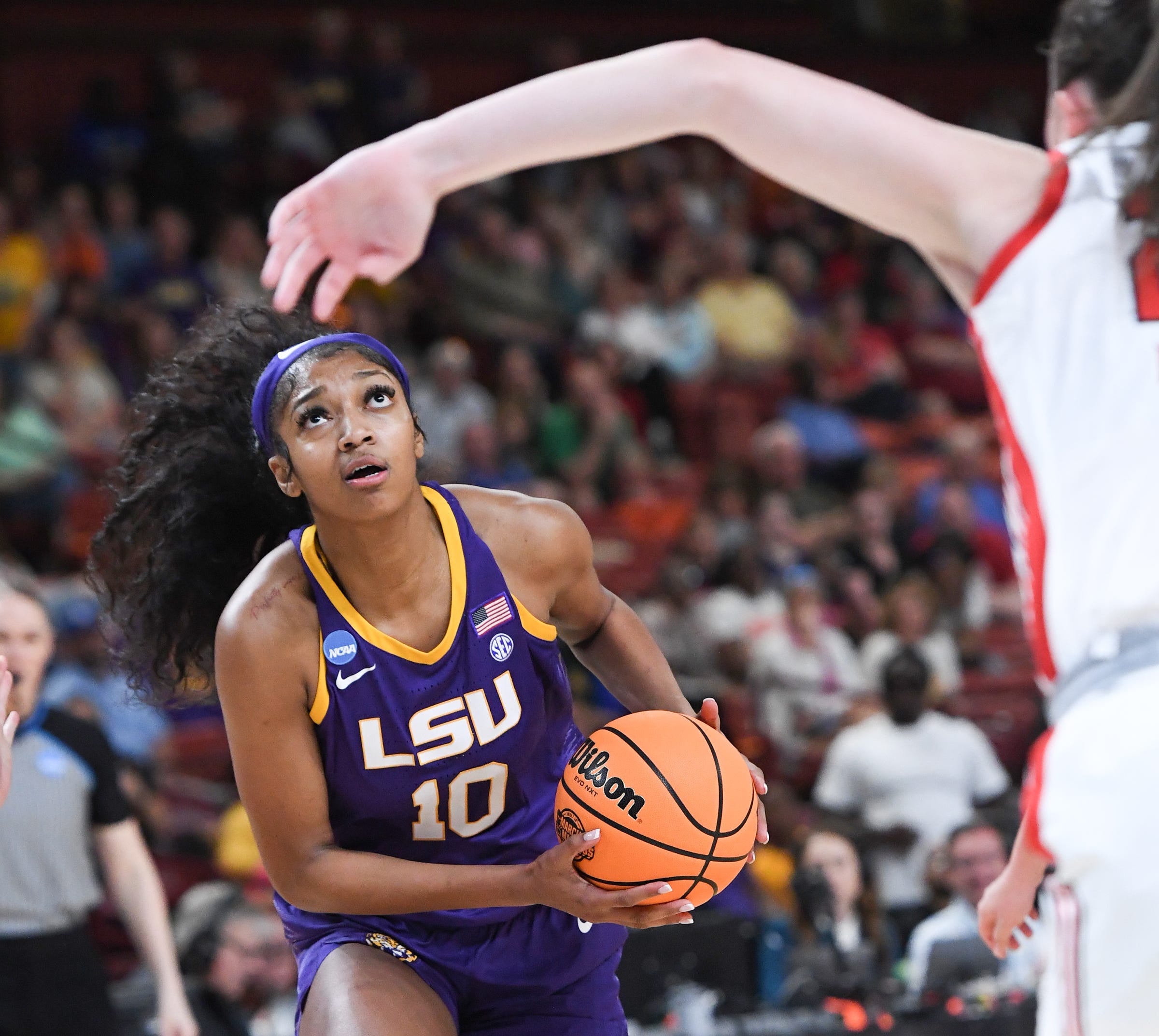 Louisiana State University forward Angel Reese (10) scores against Utah during the fourth quarter of the Sweet 16 round of the NCAA Women's Tournament at Bon Secours Wellness Arena in Greenville, S.C. Friday, March 24, 2023.