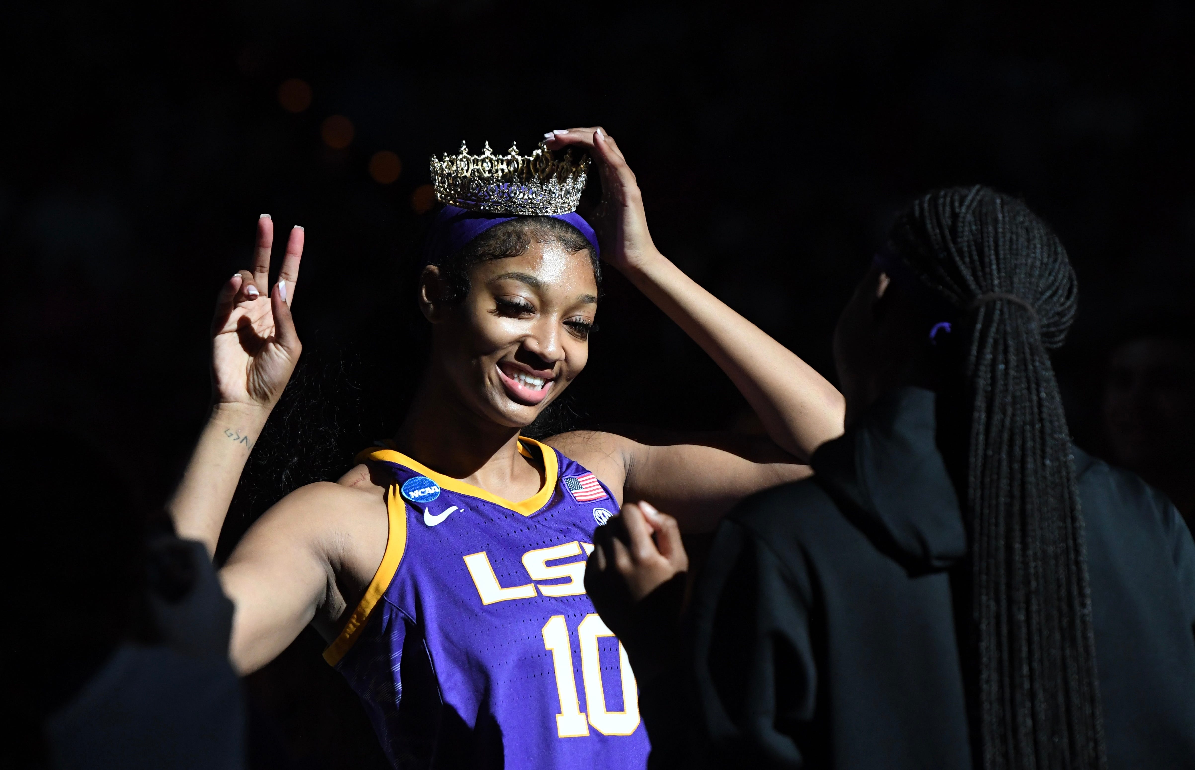 LSU women's basketball's Angel Reese wears a crown prior to the Tigers' NCAA Tournament Sweet 16 game against Utah in Greenville, SC, on Friday, March 24, 2023.